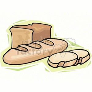 Clipart image of various types of bread including a loaf, a baguette, and slices of bread.