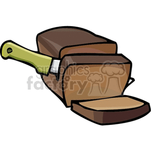 A clipart image of a loaf of bread with several slices cut off. A knife with a green handle is placed beside the loaf.