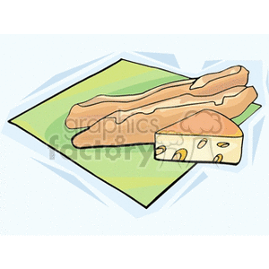 Clipart image of two baguettes and a wedge of cheese placed on a green mat.