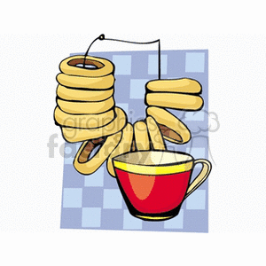 A clipart image depicting a red teacup with a yellow rim, placed in front of a tower of circular-shaped cookies or bagels on strings. The background features a blue and white checkered pattern.