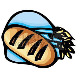 Clipart image of a loaf of bread with a bunch of wheat, depicted in a stylized, cartoon-like manner.