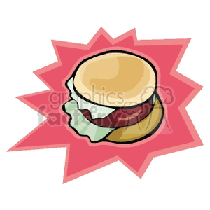 A clipart image of a hamburger with a bun, lettuce, and patty against a burst background.