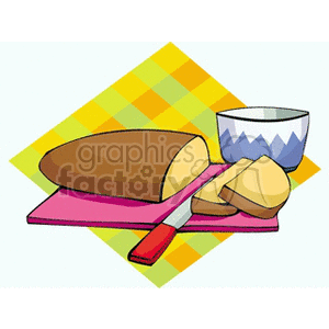 Clipart image of a loaf of bread with slices cut off, a knife, and a bowl placed on a checkered yellow and green background.