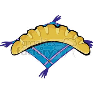 A colorful clipart image of a golden loaf placed on a blue and purple napkin.