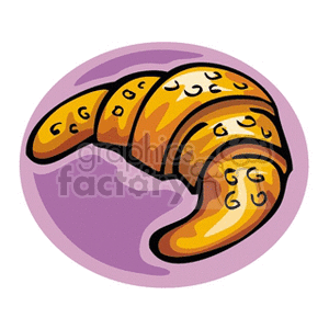 A clipart image of a croissant on a purple circular background.