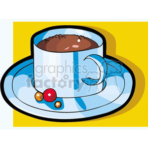 Clipart image of a cup of hot chocolate on a saucer with colorful candy pieces.