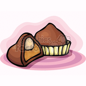 Clipart image of chocolate candies with one piece cut in half, revealing a creamy filling.