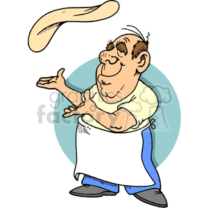 A humorous clipart image of a cartoon chef tossing pizza dough in the air.