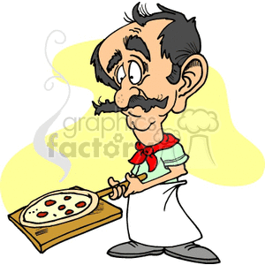 The clipart image shows a cartoon-style chef or pizza maker holding a large pizza.