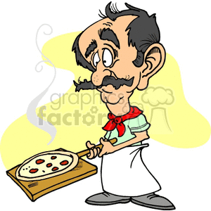 A cartoon of a man cooking a pizza