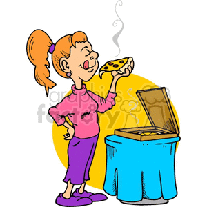 A woman with red hair, wearing a pink top and purple pants, enjoying a slice of pizza from an open pizza box on a blue table.