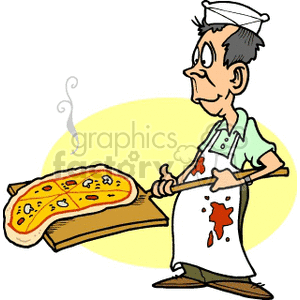 Cartoon illustration of a pizza maker holding a hot pizza on a wooden paddle. The chef wears a white apron and hat.