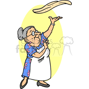 A cartoon of an elderly woman in a floral dress and apron, skillfully tossing pizza dough in the air.