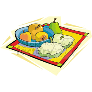 A colorful clipart image depicting a bowl of apples and a pear on a decorative mat.