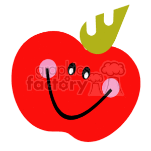 The clipart image displays a stylized red apple with a smiling face. The apple has a green leaf attached to its top and a friendly expression with two pink blush marks.