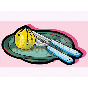 A cartoon-style lemon half on a plate with a fork and knife.