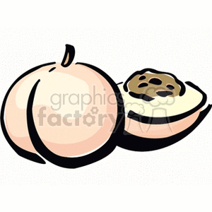 Clipart image of a whole peach and a half peach showing the pit.