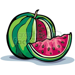 Colorful clipart of a whole watermelon with a slice cut out, showing the juicy red interior and seeds.