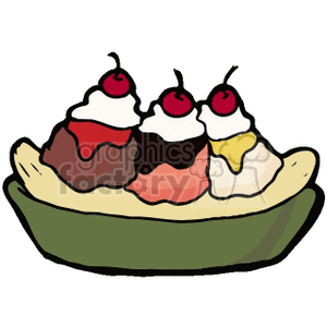 Clipart image of a banana split with three scoops of ice cream topped with whipped cream and cherries, served in a boat dish.