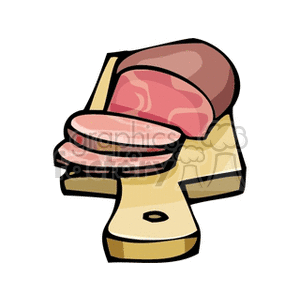 Clipart image of sliced steak tenderloin on a wooden cutting board.