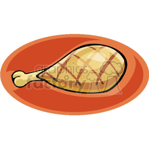 Clipart image of a cooked chicken leg on an orange plate.