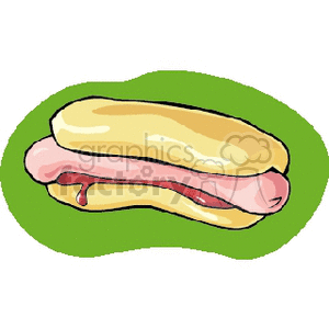 Clipart image of a hotdog in a bun against a green background