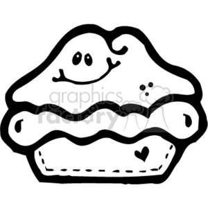 A black and white clipart image of a smiling pie character with a small heart at the base.