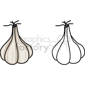 This clipart image features two illustrations of garlic bulbs, one in color and the other in black and white.