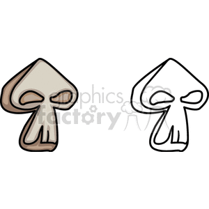 This clipart image features two mushrooms. The mushroom on the left is colored in brown and beige tones, while the one on the right is a black and white outline.