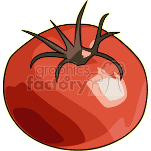 This clipart image shows a red tomato with a green stem. The illustration is simple and colorful, making it suitable for a variety of uses, such as educational materials, recipe books, and gardening websites.