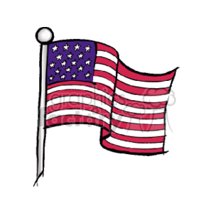 The clipart image shows the flag of the United States, commonly known as the "Stars and Stripes," waving in the wind. It is likely intended to represent Independence Day, a holiday celebrated in the United States on July 4th to commemorate the country's declaration of independence from Great Britain in 1776.
