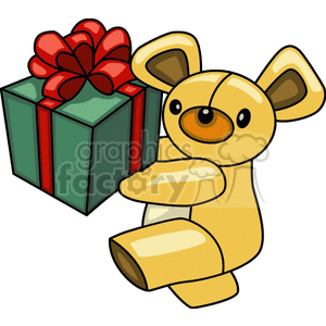 A cute teddy bear holding a present wrapped with a red ribbon, symbolizing birthdays or celebrations.