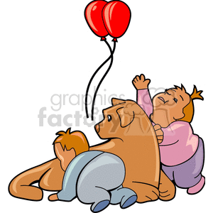 Clipart image of two kids and a dog playing with red balloons, showcasing a fun and festive atmosphere.