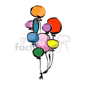 The image shows a colorful bouquet of balloons. There are several balloons of different colors, including orange, red, blue, pink, green, and yellow, all tied together at the ends of their strings.