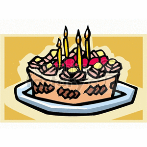 Colorful clipart image of a decorated cake with candles on a platter, indicating a celebration like a birthday or anniversary.