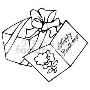 A clipart image of a wrapped gift box with a bow and a greeting card that reads 'Happy Birthday'.