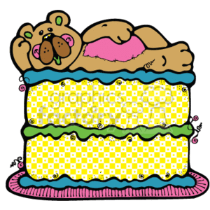 The clipart image depicts a two-tiered cake with a country-style design. The cake has a yellow patterned icing with scalloped green borders between the layers. On top of the cake lies a cute, brown bear with pink inner ears and cheeks, suggesting a teddy bear theme which could be appropriate for birthdays or anniversaries. The cake rests on a pink doily. The overall theme seems festive and playful, suitable for various celebratory occasions where such a dessert might be featured.