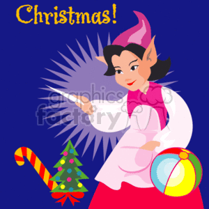   The image appears to be a colorful, animated clipart that features a Christmas theme. It depicts a female elf with pointy ears and a pink and white outfit. She is holding a toy ball that has multiple colors. In the background, there