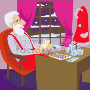   This image depicts Santa Claus sitting at his desk, reading a letter, likely from a child. The desk is filled with more letters and what appear to be lists, possibly the famous naughty or nice lists. Next to the desk, there are several wrapped gift boxes, hinting at Santa