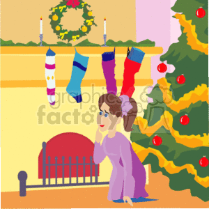 The image is a colorful clipart depicting a cozy Christmas scene. It features a child, possibly a girl, sitting by a fireplace where multiple Christmas stockings are hung. Above the fireplace mantel, there's a festive wreath decorated with a bow and ornaments. On the mantel, there are two lit candles. To the right of the girl is a decorated Christmas tree with red ornaments and yellow lights. The setting suggests a warm, holiday atmosphere within a home.