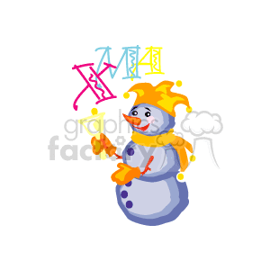   The clipart image contains a festive snowman adorned with what appears to be yellow bulbs or decorations similar to a jester