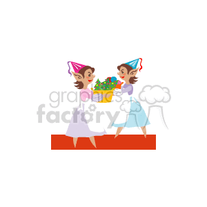 In this clipart image, there are two elves dressed in festive attire, each wearing a party hat. They appear to be working together to hold a basket filled with colorful Christmas bulbs or ornaments, likely in preparation for decorating.