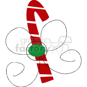 The clipart image contains a stylized red and white striped candy cane tied with a green bow. The candy cane is depicted with a playful twist, giving it a sense of movement and festivity associated with the holiday season.