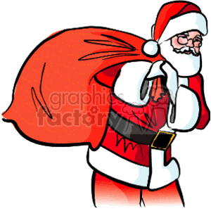 The clipart image depicts a caricature of Santa Claus wearing his traditional red suit with white fur trim and a red hat, carrying a heavy red bag over his shoulder, presumably filled with gifts for Christmas. Santa is shown in a side profile with a smiling expression on his face.