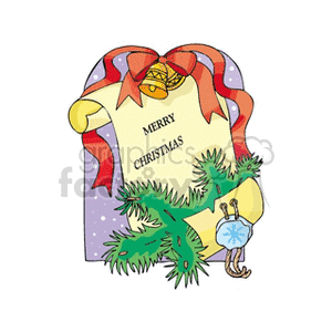 A festive Christmas clipart image featuring a scroll with the words 'Merry Christmas,' adorned with ribbons, bells, and evergreen branches.