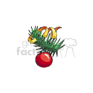 A clipart image of a Christmas decoration featuring a red bulb ornament, green pine branch, and a yellow ribbon.