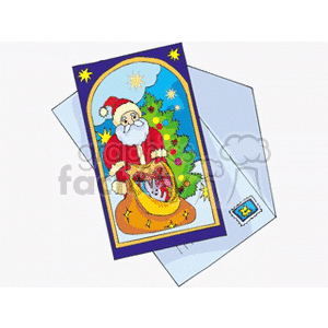 A festive Christmas greeting card featuring Santa Claus holding a sack of presents, with a decorated tree in the background.