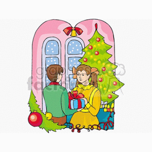 A festive clipart image depicting a boy and a girl exchanging gifts in front of a decorated Christmas tree, with a snowy window in the background.