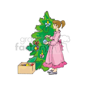 A girl in a pink dress decorating a Christmas tree with colorful bulbs and candles. A box of additional decorations is on the floor.