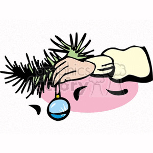 Clipart of a hand placing a blue Christmas bulb on a pine tree branch.